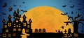 Halloween pumpkins, moon and dark castle on blue background, vector illustration Royalty Free Stock Photo