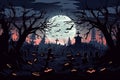 Halloween pumpkins near a tree in a cemetery with a scary house. Halloween background at night forest with moon and bats Royalty Free Stock Photo