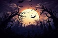 Halloween pumpkins near a tree in a cemetery with a scary house. Halloween background at night forest with moon and bats Royalty Free Stock Photo