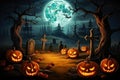 Halloween pumpkins near a tree in a cemetery with a scary house. Halloween background at night forest with moon and bats Royalty Free Stock Photo