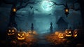 Halloween pumpkins in night mystery forest