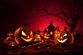 Halloween pumpkins of nightly spooky forest and Castle