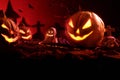 Halloween pumpkins of nightly spooky forest and Castle