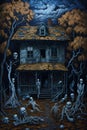 Scary night view of a house with halloween decoration and ghost. Royalty Free Stock Photo