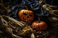 halloween pumpkins in a pile of hay Royalty Free Stock Photo