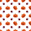 Halloween pumpkins and red eyes on white background. pumpkin with scary smile. Seamless watercolor pattern for fabric, textile,