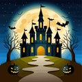 Halloween pumpkins on road and dark castle on blue Moon background with bats