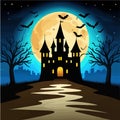 Halloween pumpkins on road and dark castle on blue Moon background with bats