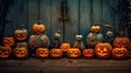 Halloween pumpkins row on the wooden floor. Jack O Lantern parade for Halloween holidays. Generated AI. Royalty Free Stock Photo
