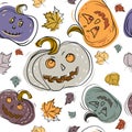 Halloween pumpkins seamless pattern in sketch style with scary and funny faces on white,vector illustration.Jack-lantern Royalty Free Stock Photo