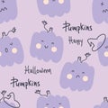 Halloween pumpkins seamless pattern with witch hats and text. Perfect for T-shirt, textile and prints. Royalty Free Stock Photo