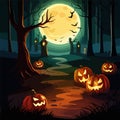 Halloween Pumpkins and Silhouettes trees in dark night forest with blue tint