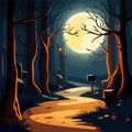 Halloween Pumpkins and Silhouettes trees in dark night forest with blue tint