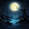 Halloween Pumpkins and Silhouettes trees in dark night forest with blue tint