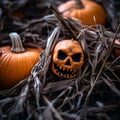 halloween pumpkins and a skull in a pile of hay Royalty Free Stock Photo