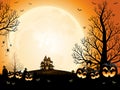 Halloween pumpkins, spooky trees and haunted house with moonlight on orange background. Royalty Free Stock Photo