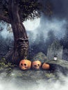 Halloween pumpkins under a fairy tree