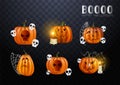 Halloween pumpkins in vector with set of different faces for icons and decorations in dark background. Vector Royalty Free Stock Photo