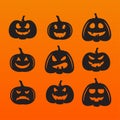 Halloween pumpkins in vector with set of different faces for icons and decorations in dark background Royalty Free Stock Photo