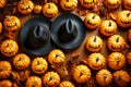 Halloween pumpkins and witch hats. Flat lay