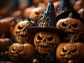 halloween pumpkins with witch hats and skulls