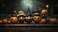 Halloween pumpkins with witch and wizard hats on dark background. Royalty Free Stock Photo