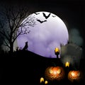 Halloween pumpkins and wolf on full Moon background Royalty Free Stock Photo