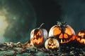 Halloween pumpkins at wood background. Carved scary faces of pumpkin.