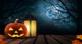 Halloween Pumpkins On Wood At Night wide Royalty Free Stock Photo