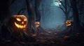 Halloween Pumpkins On Wood In A Spooky Forest At Night Royalty Free Stock Photo