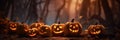 Halloween pumpkins on wood in a spooky forest at night with empty space. Scary halloween. Generative Ai Royalty Free Stock Photo