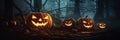 Halloween pumpkins on wood in a spooky forest at night with empty space. Scary halloween. Generative Ai Royalty Free Stock Photo