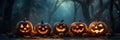 Halloween pumpkins on wood in a spooky forest at night with empty space. Scary halloween. Generative Ai Royalty Free Stock Photo