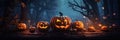 Halloween pumpkins on wood in a spooky forest at night with empty space. Scary halloween. Generative Ai Royalty Free Stock Photo