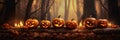 Halloween pumpkins on wood in a spooky forest at night with empty space. Scary halloween. Generative Ai Royalty Free Stock Photo