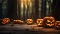 Halloween pumpkins on wood in a spooky forest at night with empty space. Scary halloween. Generative Ai Royalty Free Stock Photo