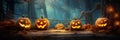 Halloween pumpkins on wood in a spooky forest at night with empty space. Scary halloween. Generative Ai Royalty Free Stock Photo