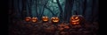 Halloween pumpkins on wood in a spooky forest at night with empty space. Scary halloween. Generative Ai Royalty Free Stock Photo