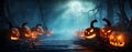 Halloween Pumpkins On Wood In A Spooky Forest At Night Royalty Free Stock Photo
