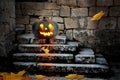 Halloween pumpkins in the yard of an old house Royalty Free Stock Photo