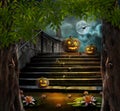 Halloween pumpkins in yard of of old stone staircase night Royalty Free Stock Photo