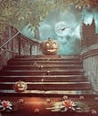 Halloween pumpkins in yard of of old stone staircase night Royalty Free Stock Photo