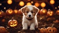 Halloween puppy with a miniature broomstick, surrounded by a circle of carved jack-o-lantern Royalty Free Stock Photo