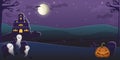 Halloween purple background with night moon, with castle, ghosts and pumpkin, graves.
