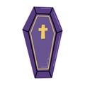 Halloween purple coffin with cross, creepy sticker, vector illustration, art