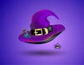 Halloween purple realistic witch hat with mushrooms, spider on spiderweb on dark background. Editable Vector