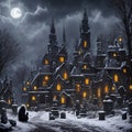 Halloween realistic scary house background with spooky