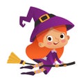 Halloween redhead flying little witch. Girl kid in halloween costume flying over the moon. Retro vintage. Isolated