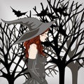 Halloween redhead Witch and trees