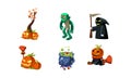 Halloween related objects and creatures set, zombie, scary pumpkin, death with scythe, cauldron of potion, user